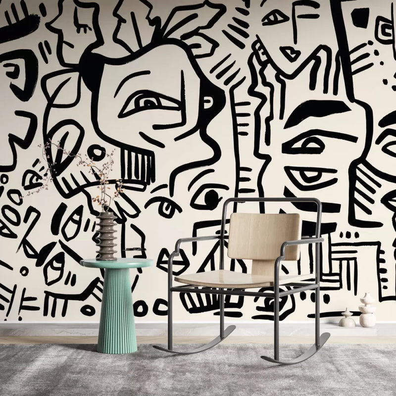 Linear Face Motifs Modern Wall Mural Peel and Stick Wallpaper