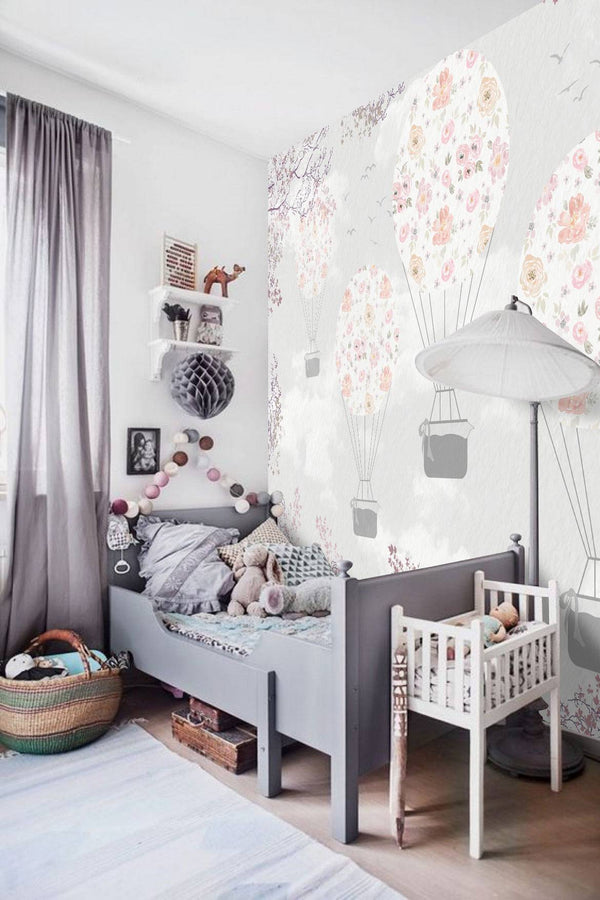 Flowers Designed Hot Air Balloon Wallpaper, Wall sticker, Wall poster, Wall Decal