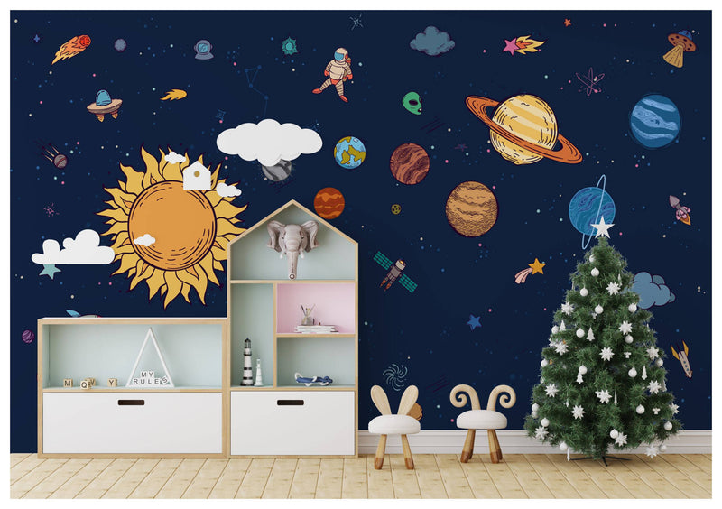 Dark Blue Background Planet Kids Wallpaper, Wall sticker, Wall poster, Wall Decal