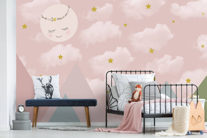 Clouds Stars and Smile Moon Wallpaper, Wall sticker, Wall poster