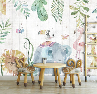 Cartoon Tropic Animals and Leaves Wallpaper, Wall sticker, Wall poster, Wall Decal - Luzen&co