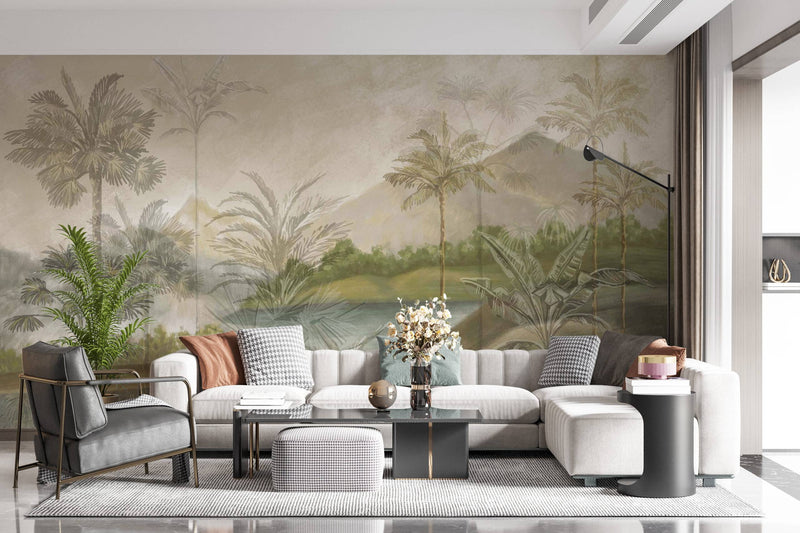 Natural Tones Forest and Mountain Landscape Wallpaper