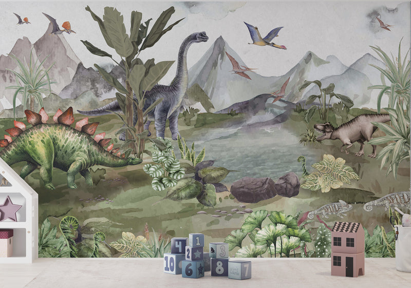Dinosaurs by the Lake Peel and Stick Wallpaper