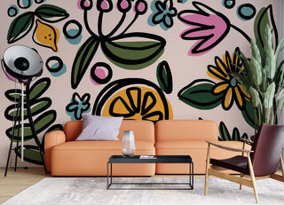 Orange and Big Flowers Color Wall Mural Wallpaper