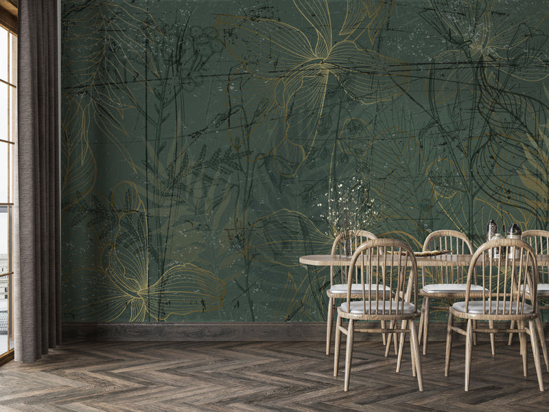 Dark Green Flower Silhouette Self adhesive Wallpaper