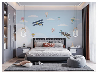 Blue Cloudy Sky and Airplanes Kids Peel and Stick wallpaper Self adhesive wallpaper -Luzen&Co