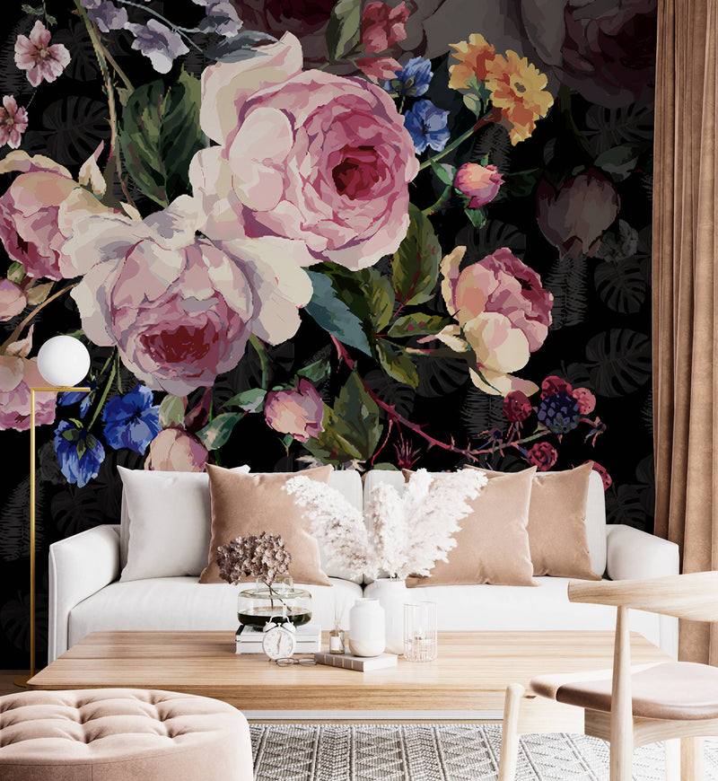 Dark Background Flower Self adhesive Wallpaper