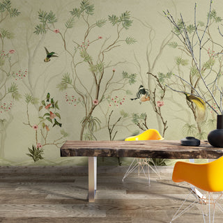 Peanut Green Bird and Flower Self adhesive Wallpaper