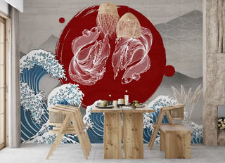 Waves and Koi Fish Pattern Wall Mural Wallpaper - Luzen&Co