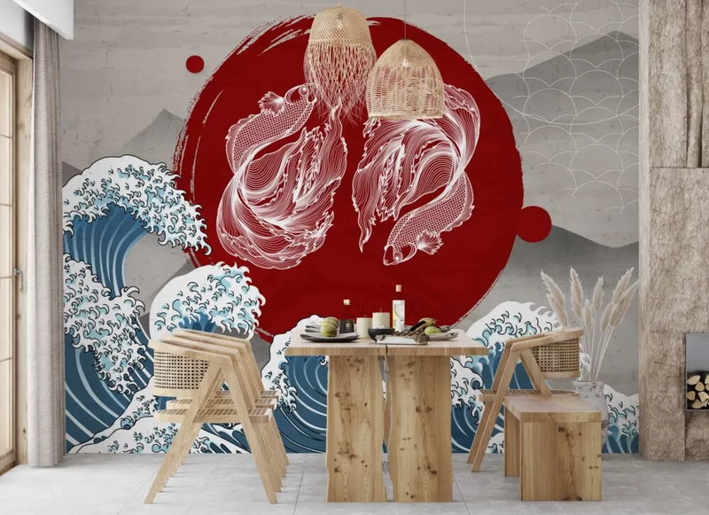 Waves and Koi Fish Pattern Wall Mural Wallpaper - Luzen&Co