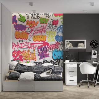 Inscribed Stylish Graffiti Wall Mural Wallpaper