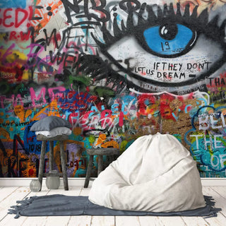 Spray Painted Eye and Graffiti Wall Mural Wallpaper
