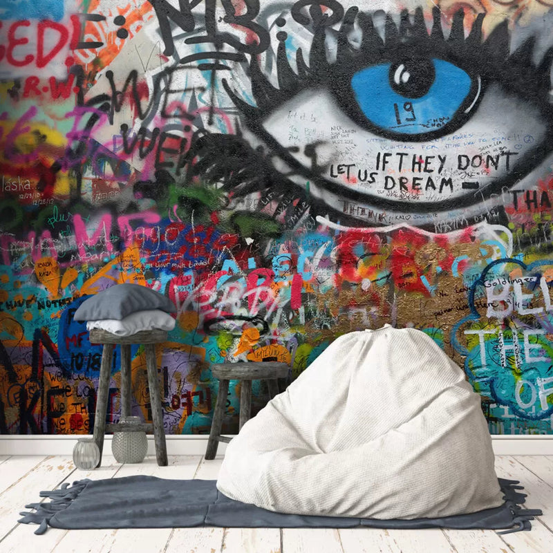 Spray Painted Eye and Graffiti Wall Mural Wallpaper