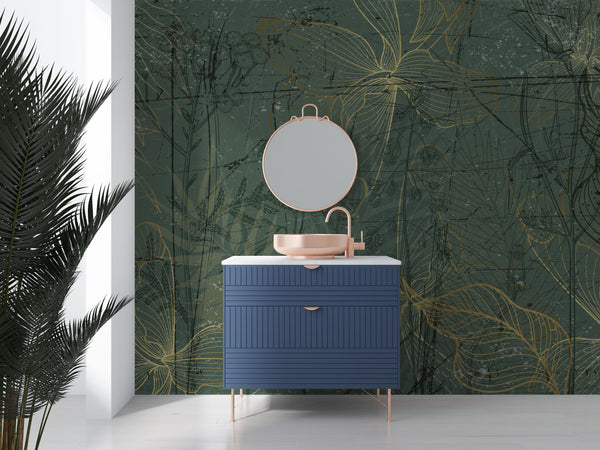 Dark Green Flower Silhouette Self adhesive Wallpaper