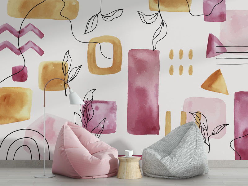 Minimal Leaves and Geometric Shapes Wallpaper