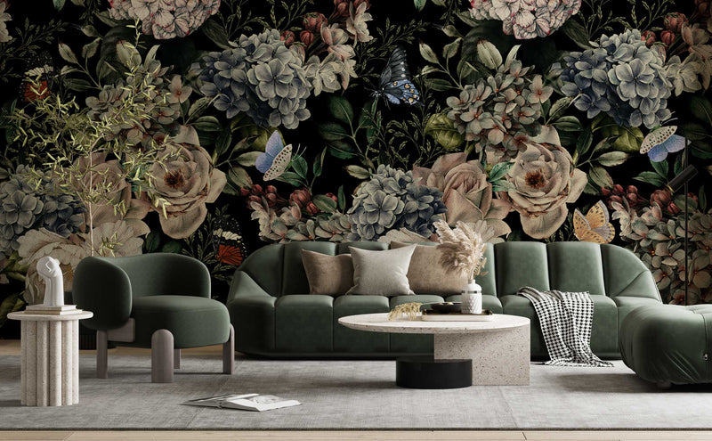 Dark Butterflies and Roses Self adhesive Wallpaper