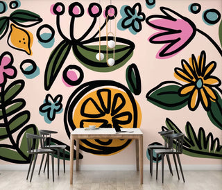 Orange and Big Flowers Color Wall Mural Wallpaper