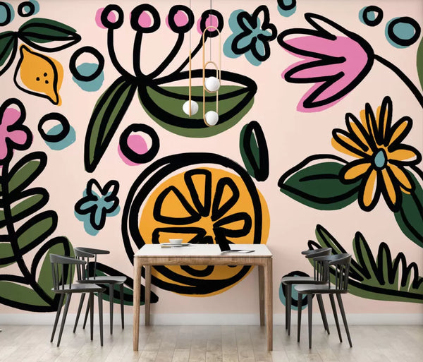 Orange and Big Flowers Color Wall Mural Wallpaper
