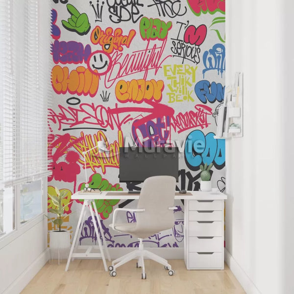 Inscribed Stylish Graffiti Wall Mural Wallpaper