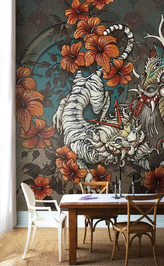 Orange Tones Dragon Designed Peel and Stick Wallpaper