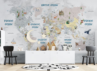 Cute Animal World Map Peel and stick wallpaper