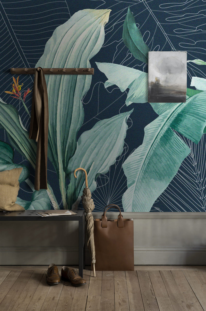 Big Tropical Leaves and Red Flowers Self Adhesive Wallpaper
