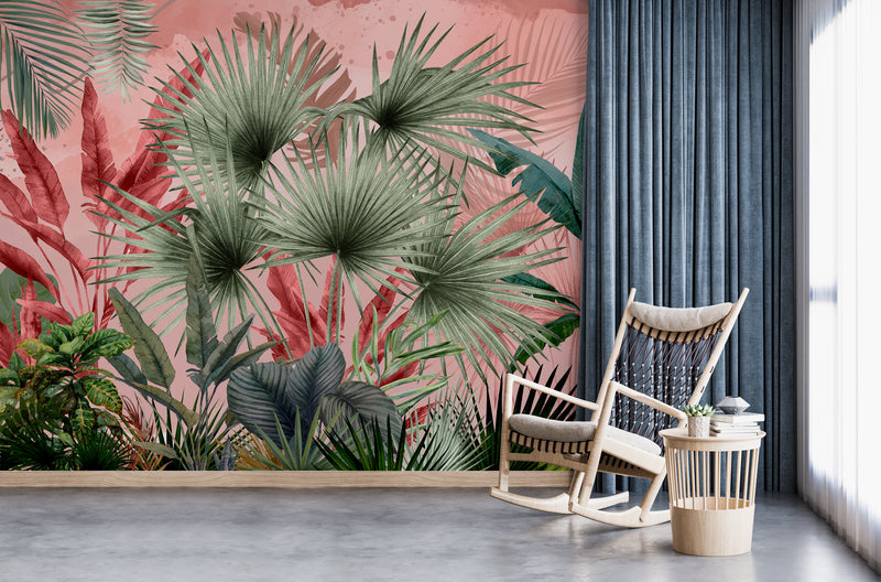 Big Tropical Leaves With Pink Background Self Adhesive Wallpaper