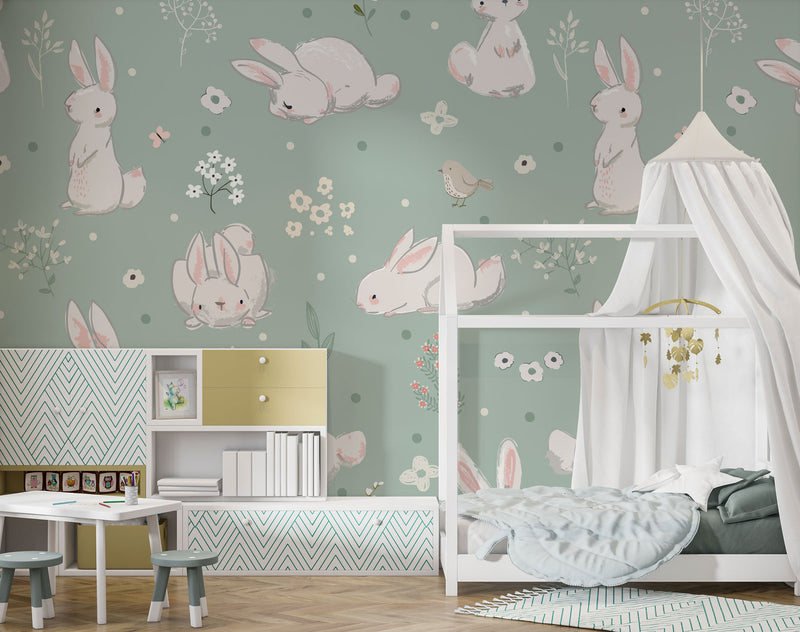 Bunnies and Birds Kids Peel and stick Wallpaper, Wall sticker, Wall poster, Wall Decal - Luzen&co
