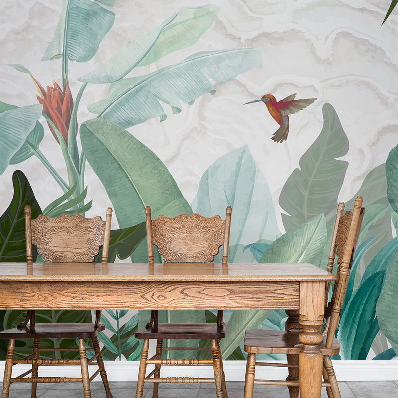 Birds and Big Tropical Leaves Self Adhesive Wallpaper