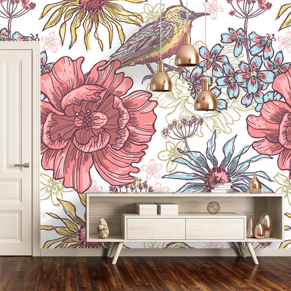 Big Flowers and Birds Self adhesive wallpaper