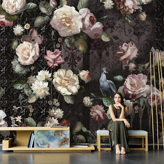 Dark Background Baroque Patterns and Roses Self adhesive wallpaper Peel and stick Wallpaper - Luzenandco