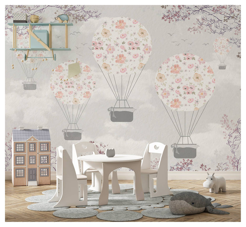 Flowers Designed Hot Air Balloon Wallpaper, Wall sticker, Wall poster, Wall Decal