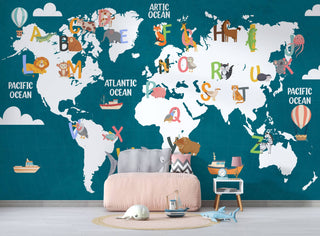 Animals World Map Kids Wallpaper, Wall sticker, Wall poster, Wall Decal - Luzen&co