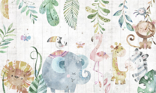 Cartoon Tropic Animals and Leaves Wallpaper, Wall sticker, Wall poster, Wall Decal - Luzen&co