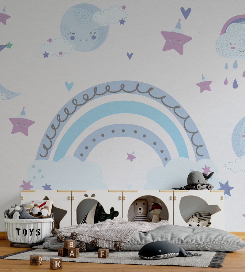 Moon, Clouds and Rainbow Peel and Stick Wallpaper, Wall sticker, Wall poster