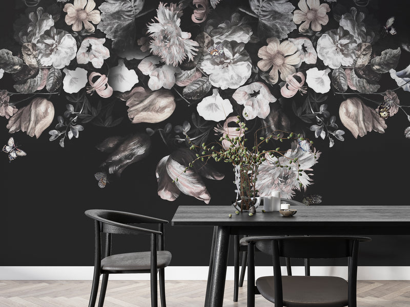 Soft Flowers Wallpaper on Black Peel and Stick Wallpaper