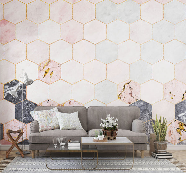 Pink Geometric Marble Pattern Wallpaper