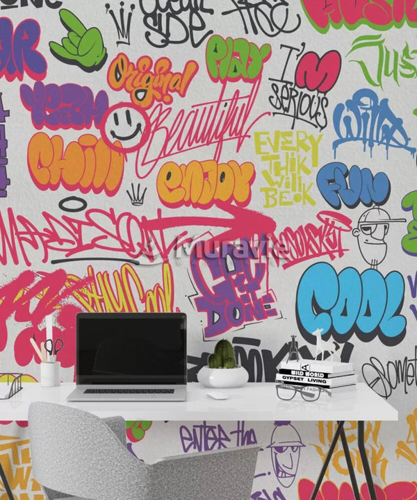 Inscribed Stylish Graffiti Wall Mural Wallpaper