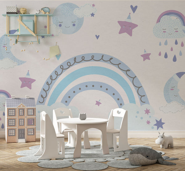 Moon, Clouds and Rainbow Peel and Stick Wallpaper, Wall sticker, Wall poster