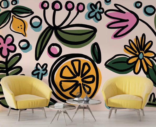 Orange and Big Flowers Color Wall Mural Wallpaper