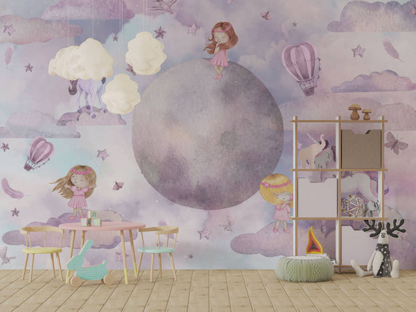 Purple Clouds Unicorns Self adhesive Wallpaper,, Wall sticker, Wall poster