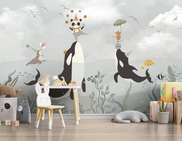 Whales Panda Fishes Self adhesive Wallpaper
