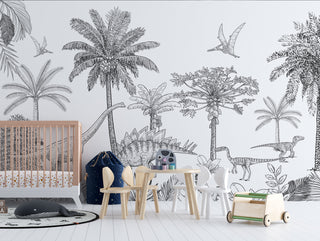 Charcoal Dinosaur Tropical Tree Wallpaper, Wall sticker, Wall poster, Wall Decal - Luzen&co