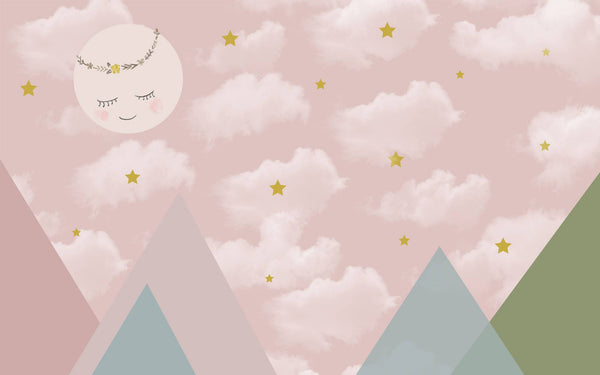 Clouds Stars and Smile Moon Wallpaper, Wall sticker, Wall poster