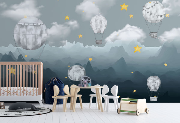 Flying Balloons and Mountain View Wallpaper, , Wall sticker, Wall poster, Wall Decal - Luzen&co