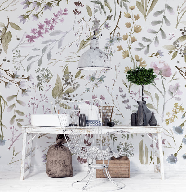 Soft Flowers Wallpaper with Watercolor Peel and Stick Wallpaper
