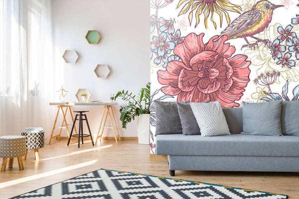 Big Flowers and Birds Self adhesive wallpaper