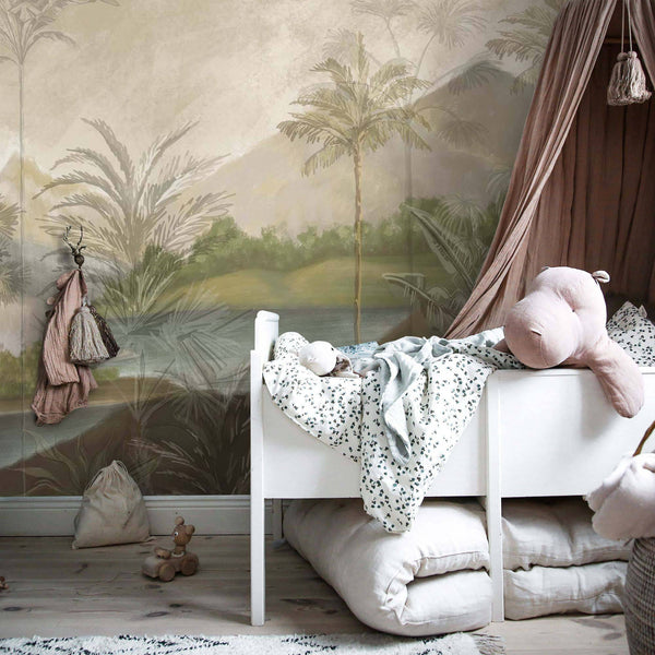 Natural Tones Forest and Mountain Landscape Wallpaper