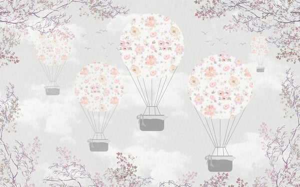 Flowers Designed Hot Air Balloon Wallpaper, Wall sticker, Wall poster, Wall Decal