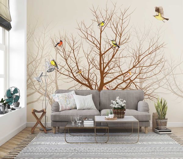 Trees and Birds Wallpaper in Sepia Tones